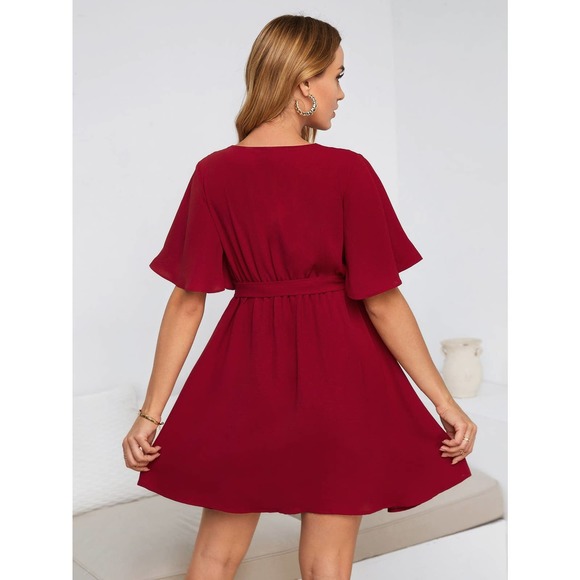 Maternity Contrast Lace v neck short sleeve Belted mini Dress red - Picture 2 of 8